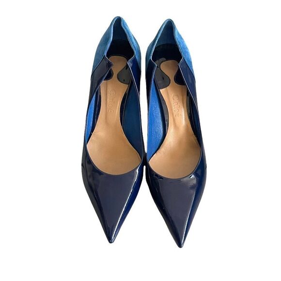 Chloe Leather High Heel Pointy Toe Pumps Shoes Made In Italy Blue 39.5 - Picture 5 of 15